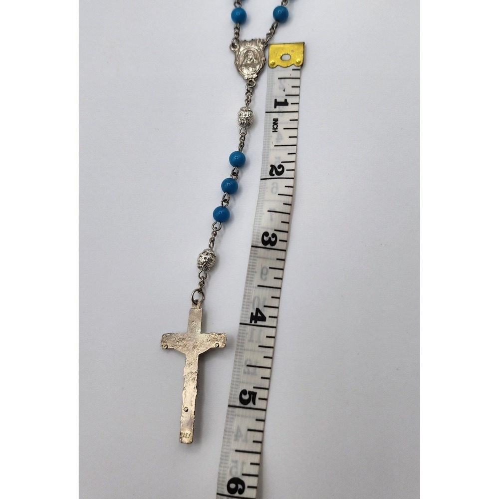 Italy Rosary Necklace Blue Beads Silver Metal Crucifix Catholic Prayer Beads - Picture 9 of 9